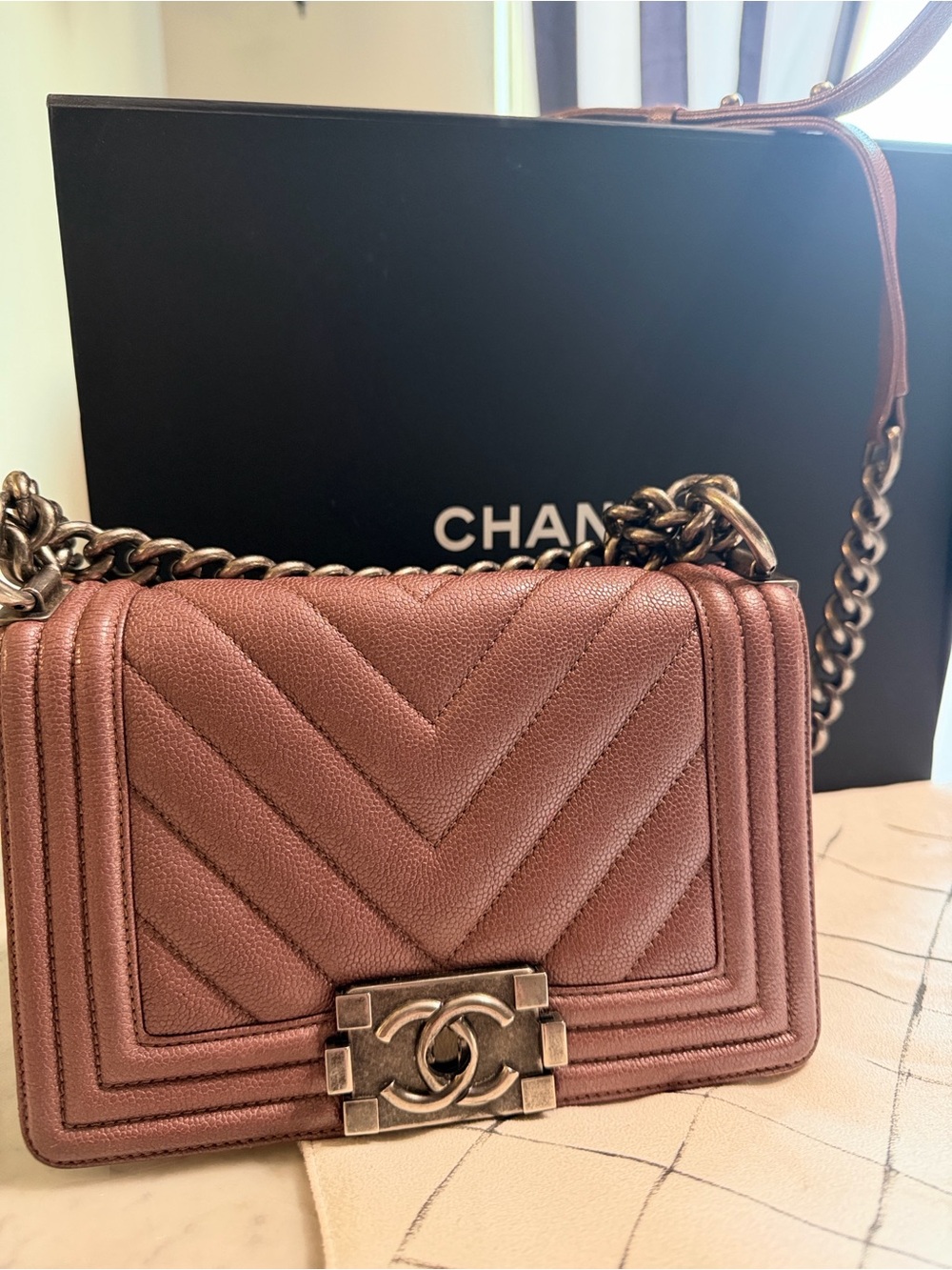CHANEL Boy Bag - Small Chevron Caviar Leather/Mauve/Ruthenium Hardware